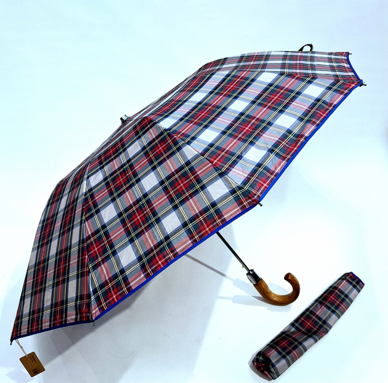 EXCLUSIVITE parapluie pliant automatique beige & rouge écossais poignée bois 10 branches Ezpeleta - grand & ne se retourne pas