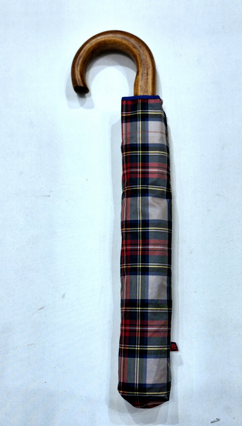 EXCLUSIVITE parapluie pliant automatique beige & rouge écossais poignée bois 10 branches Ezpeleta - grand & ne se retourne pas