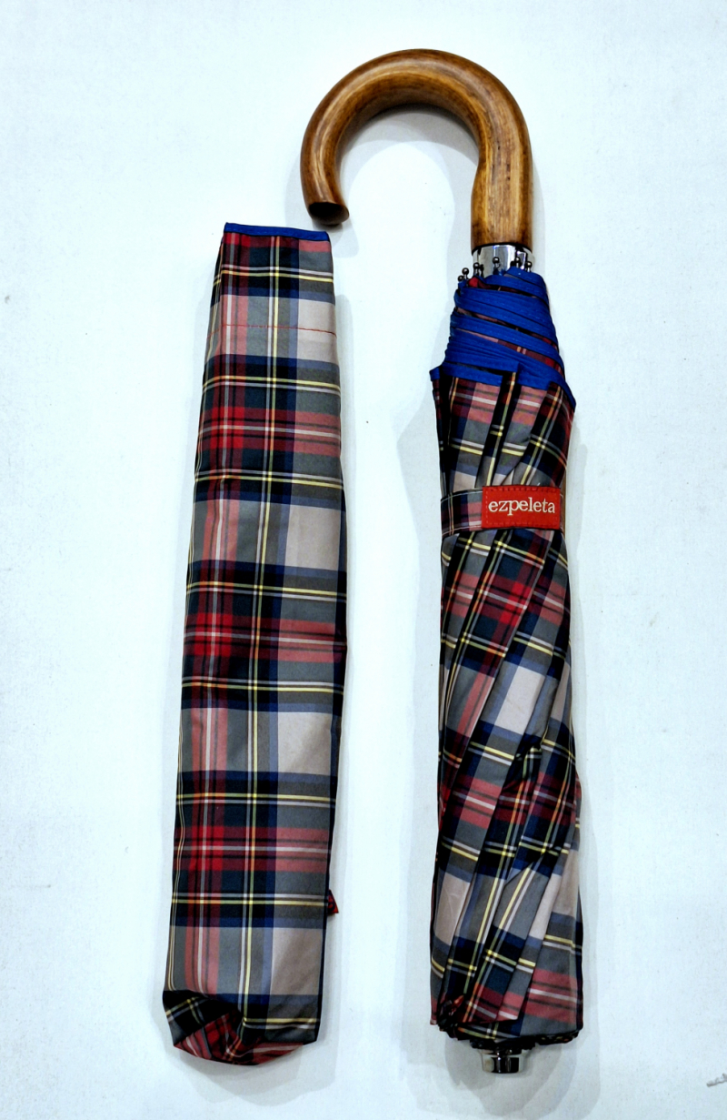 EXCLUSIVITE parapluie pliant automatique beige & rouge écossais poignée bois 10 branches Ezpeleta - grand & ne se retourne pas