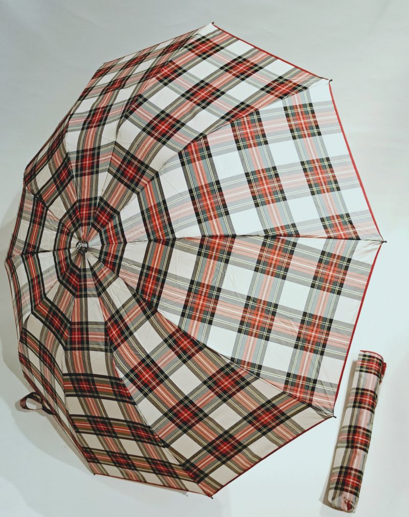 EXCLUSIVITE parapluie pliant automatique beige & rouge écossais poignée bois 10 branches Ezpeleta - grand & ne se retourne pas