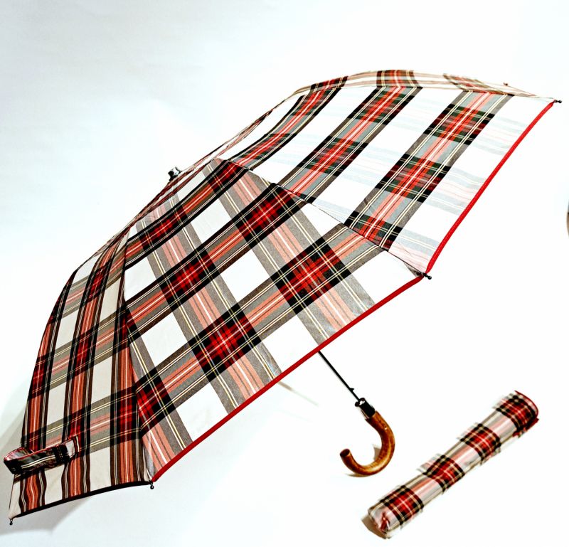 EXCLUSIVITE parapluie pliant automatique beige & rouge écossais poignée bois 10 branches Ezpeleta - grand & ne se retourne pas