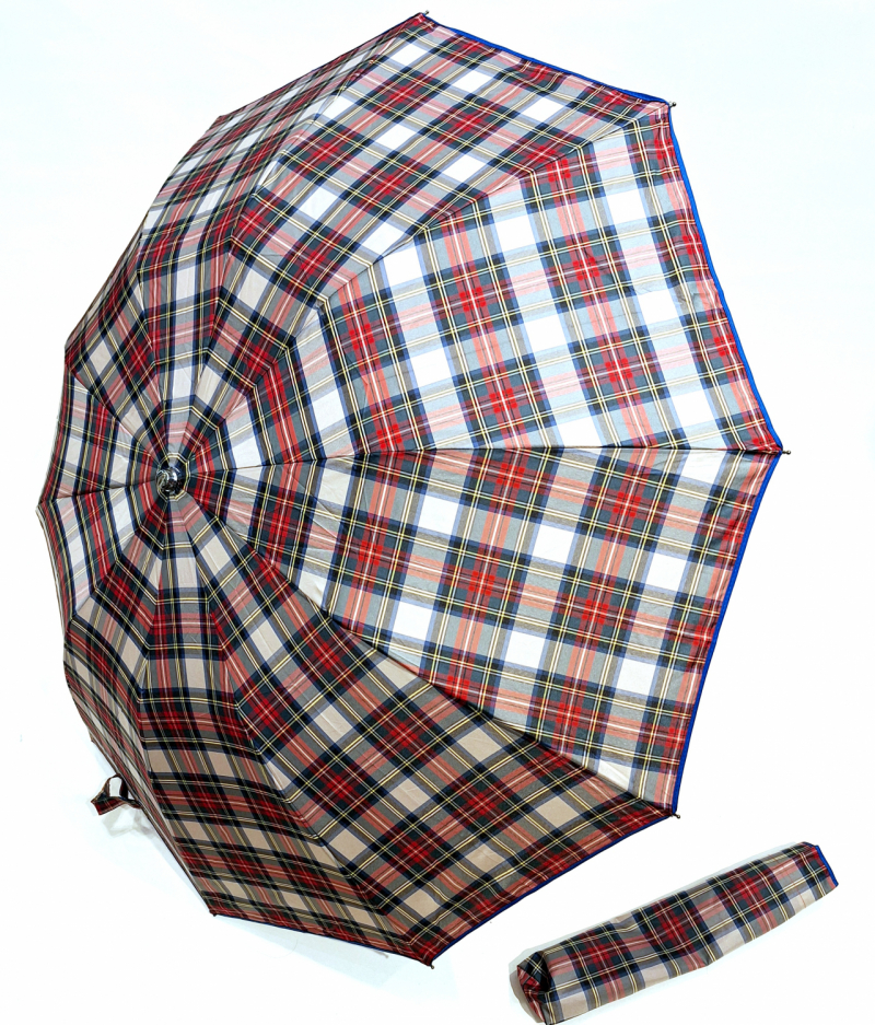 EXCLUSIVITE parapluie pliant automatique beige & rouge écossais poignée bois 10 branches Ezpeleta - grand & ne se retourne pas