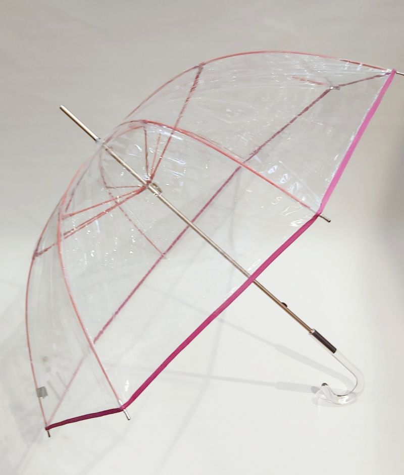 Parapluie long transparent PVC manuel gansé fuchsia grand Ezpeleta, léger et solide