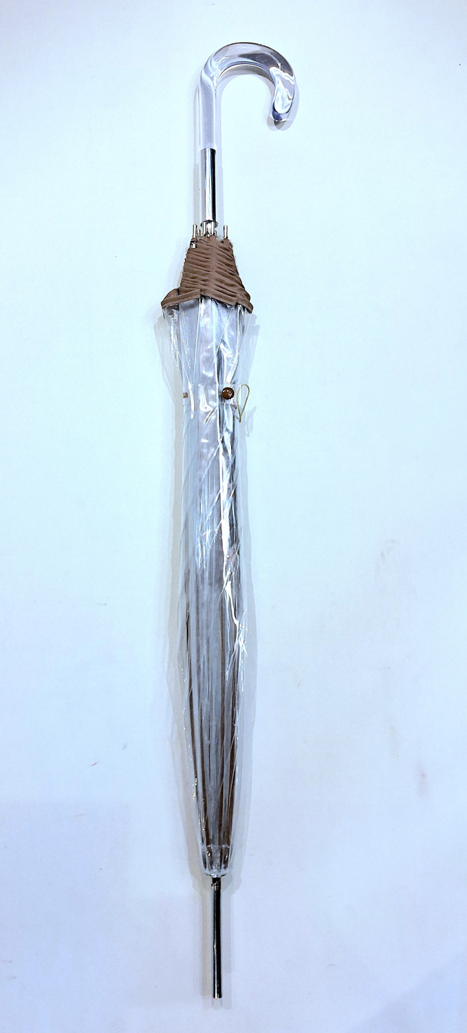 Parapluie long bombé transparent PVC manuel gansé rose grand Ezpeleta - léger & solide
