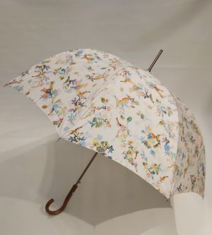 Parapluie long automatique en coton ivoire imprimé exotique anti uv sa poignée en bois, grande ombrelle légère anti uv à 100%