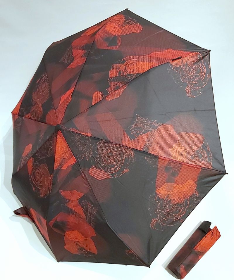  Parapluie mini Knirps T200 pliant imprimé de roses open close noir & rouge Love, léger et solide