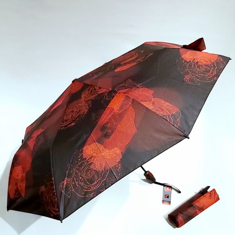  Parapluie mini Knirps T200 pliant imprimé de roses open close noir & rouge Love, léger et solide