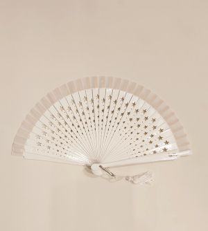 Eventail mini 19 cm ESTRELLA petit coton blanc et bois peint , 34 cm diam