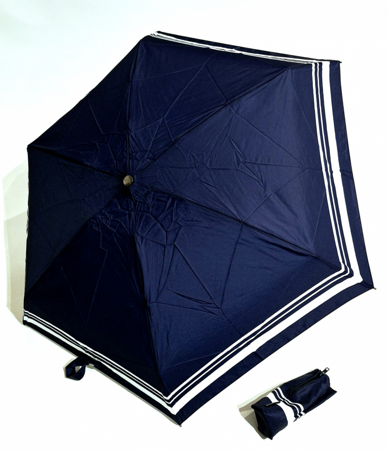 Parapluie mini automatique ouvré fermé Bleu marine & bordé en blanc Le Classique Chic Neyrat Autun - léger & solide