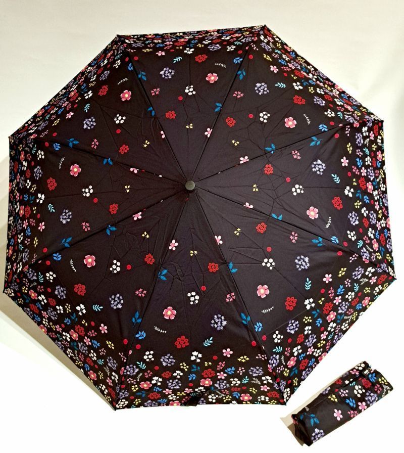  Mini parapluie pliant open-close noir imprimé petites fleurs pop liberty colorées Neyrat Autun - léger & solide