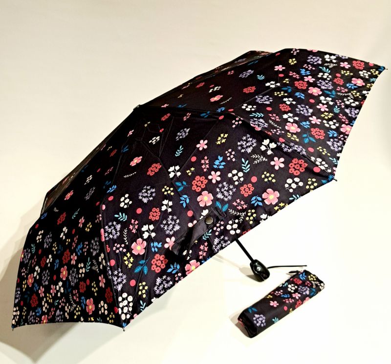  Mini parapluie pliant open-close noir imprimé petites fleurs pop liberty colorées Neyrat Autun - léger & solide
