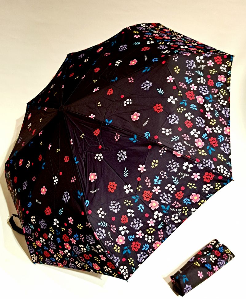  Mini parapluie pliant open-close noir imprimé petites fleurs pop liberty colorées Neyrat Autun - léger & solide
