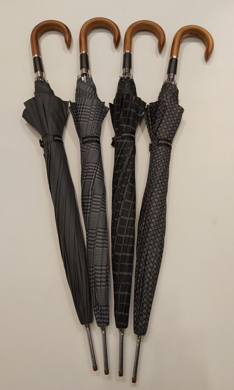 Parapluie homme long auto gris imprimé rayure pg courbe bois collection Figaro, XXL et résistant