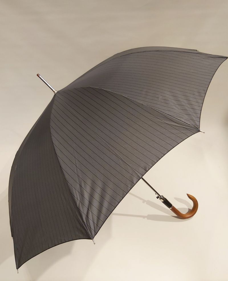 Parapluie homme long auto gris imprimé rayure pg courbe bois collection Figaro, XXL et résistant