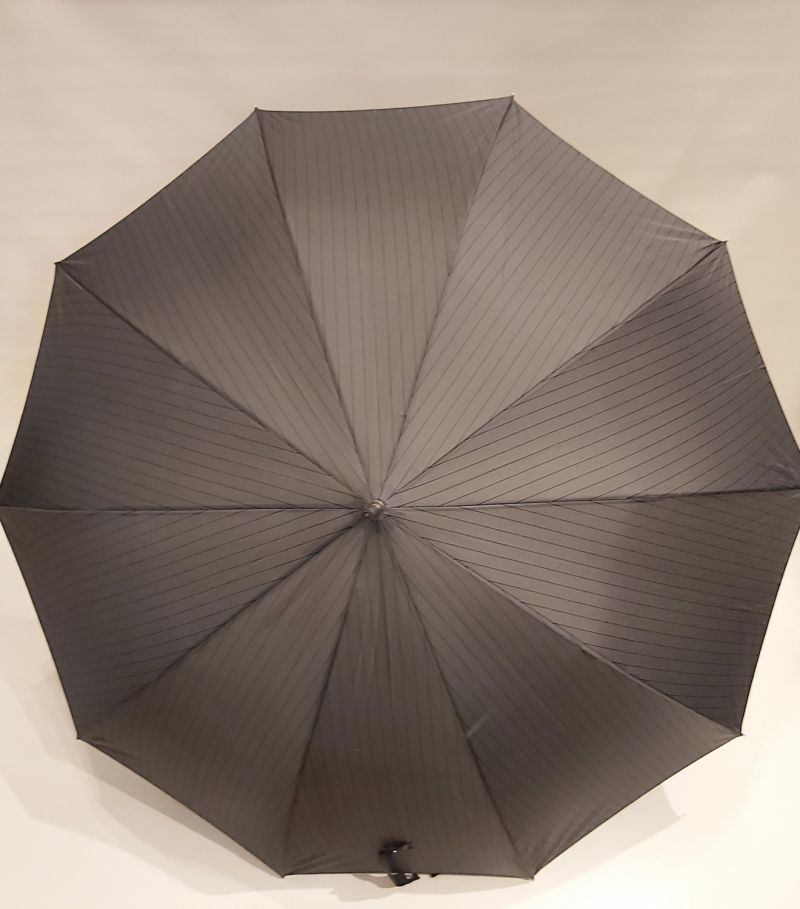Parapluie homme long auto gris imprimé rayure pg courbe bois collection Figaro, XXL et résistant