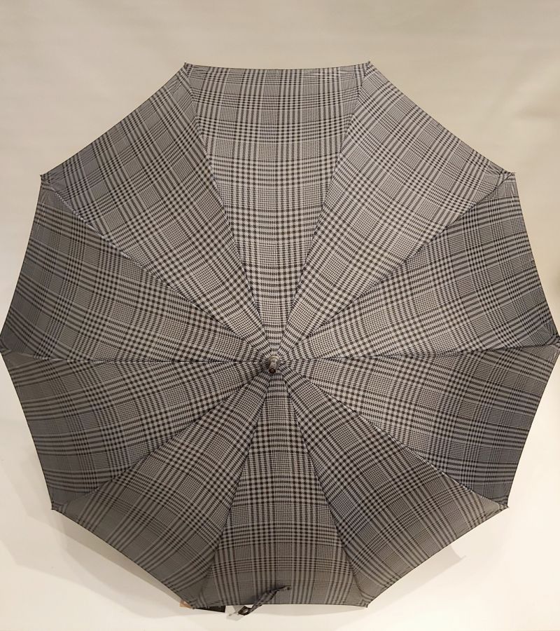 Parapluie homme long auto gris imprimé écossais pg courbe bois collection Figaro, XXL et résistant