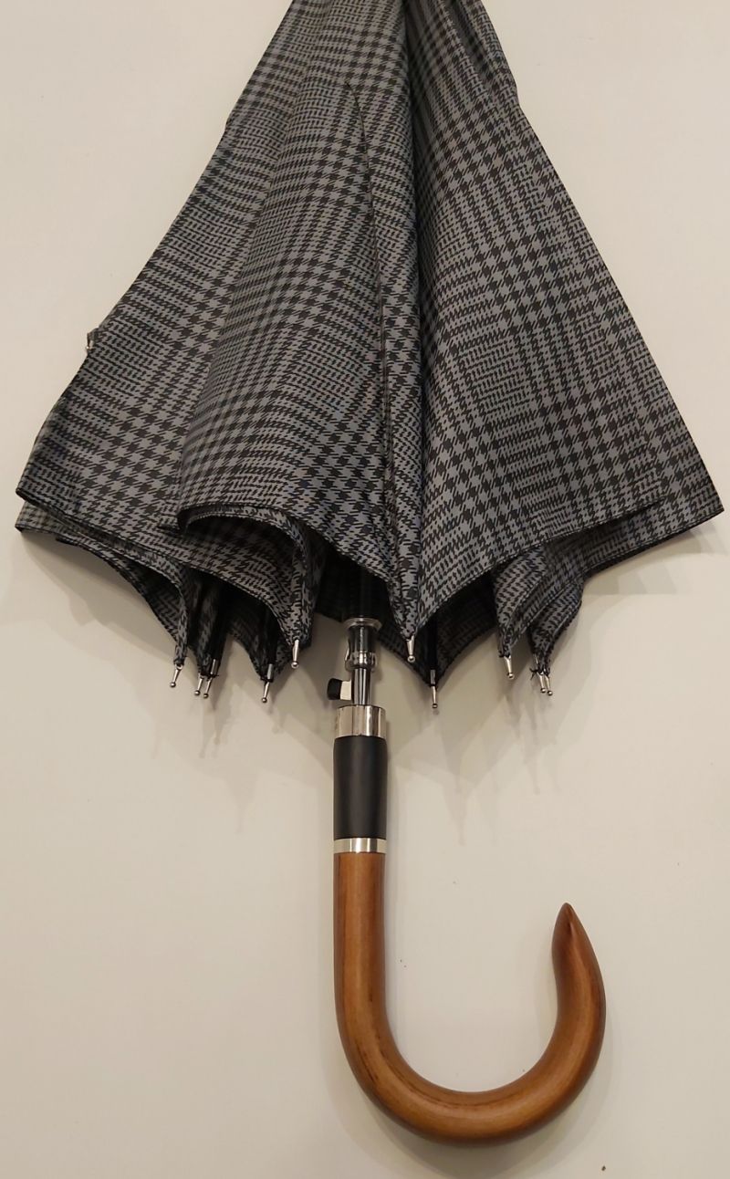 Parapluie homme long auto gris imprimé écossais pg courbe bois collection Figaro, XXL et résistant