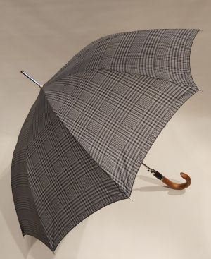 Parapluie homme long auto gris imprimé écossais pg courbe bois collection Figaro, XXL et résistant