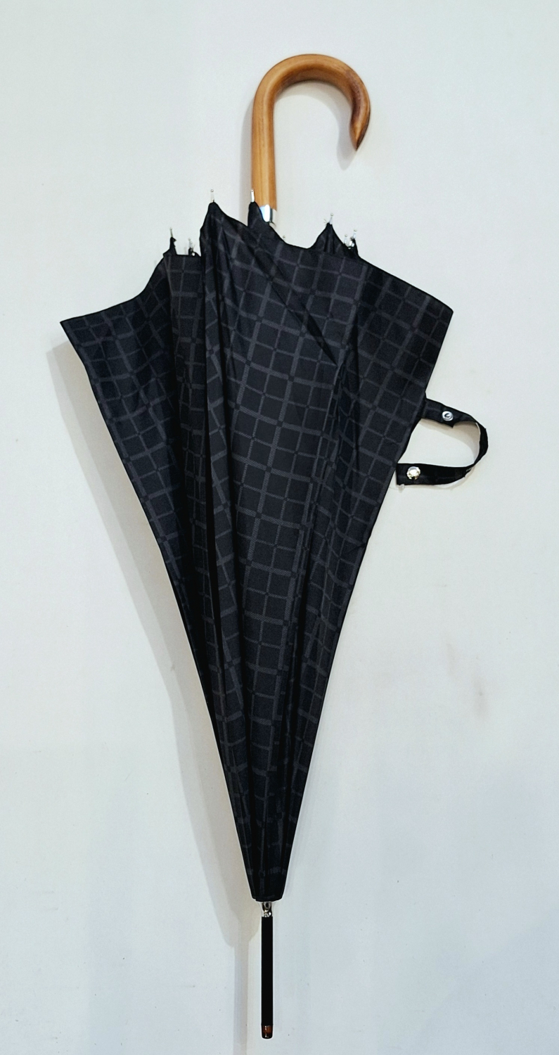 Parapluie homme long auto noir imprimé écossais pg courbe bois Figaro - Grand 10 branches &résistant