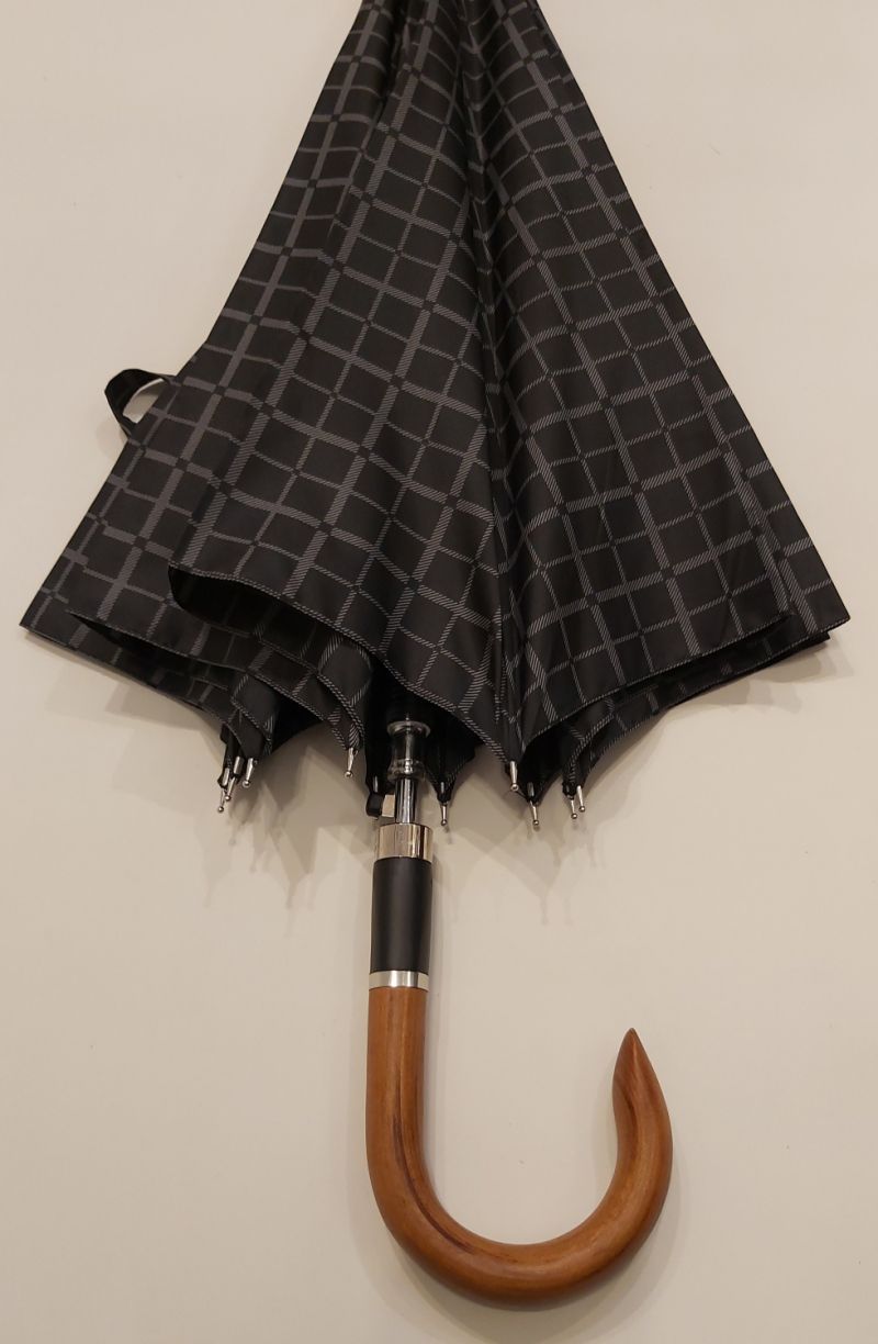 Parapluie homme long auto noir imprimé écossais pg courbe bois Figaro - Grand 10 branches &résistant