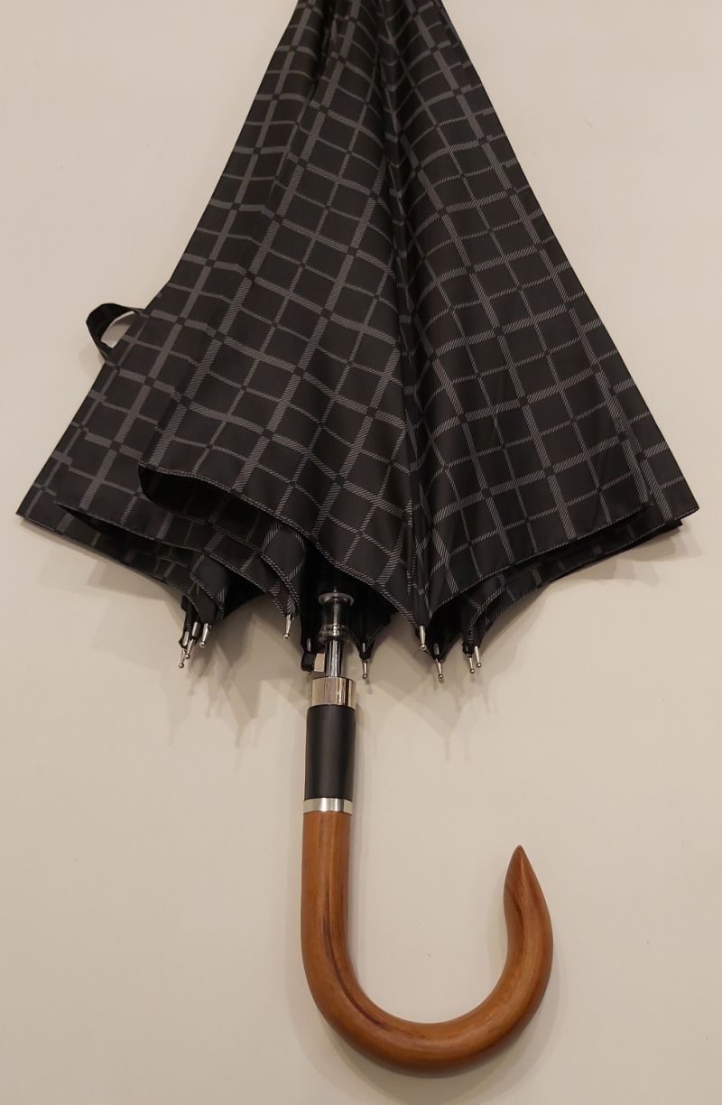 Parapluie homme long auto noir imprimé écossais pg courbe bois collection Figaro, XXL et résistant