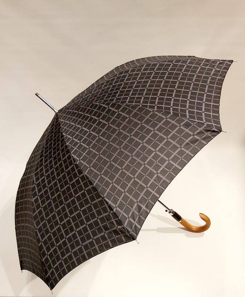 Parapluie homme long auto noir imprimé écossais pg courbe bois collection Figaro, XXL et résistant