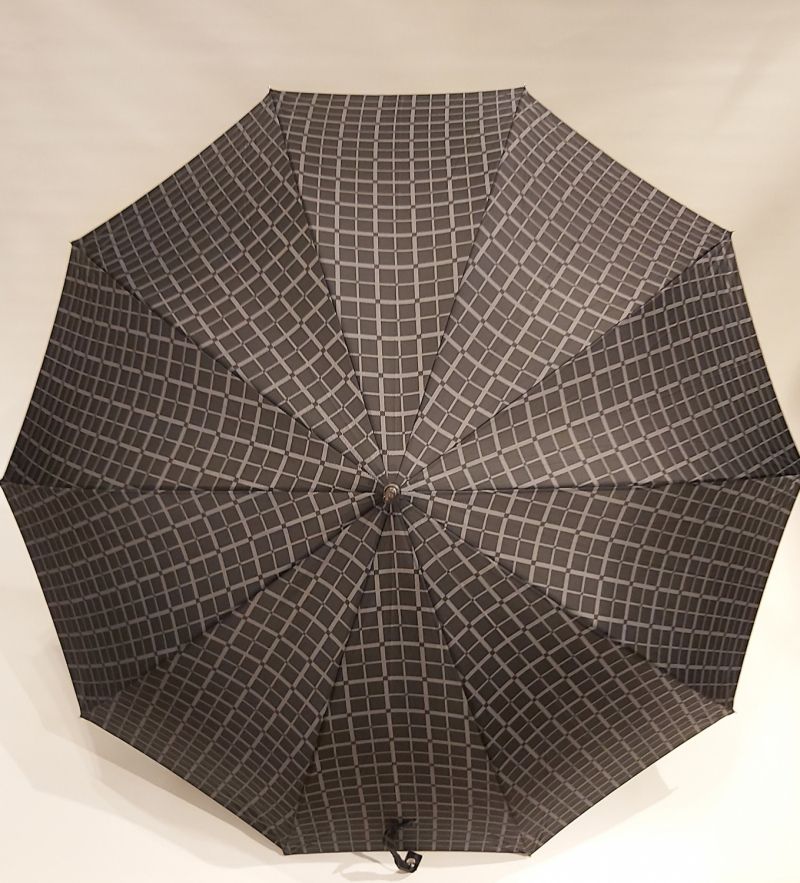 Parapluie homme long auto noir imprimé écossais pg courbe bois Figaro - Grand 10 branches &résistant