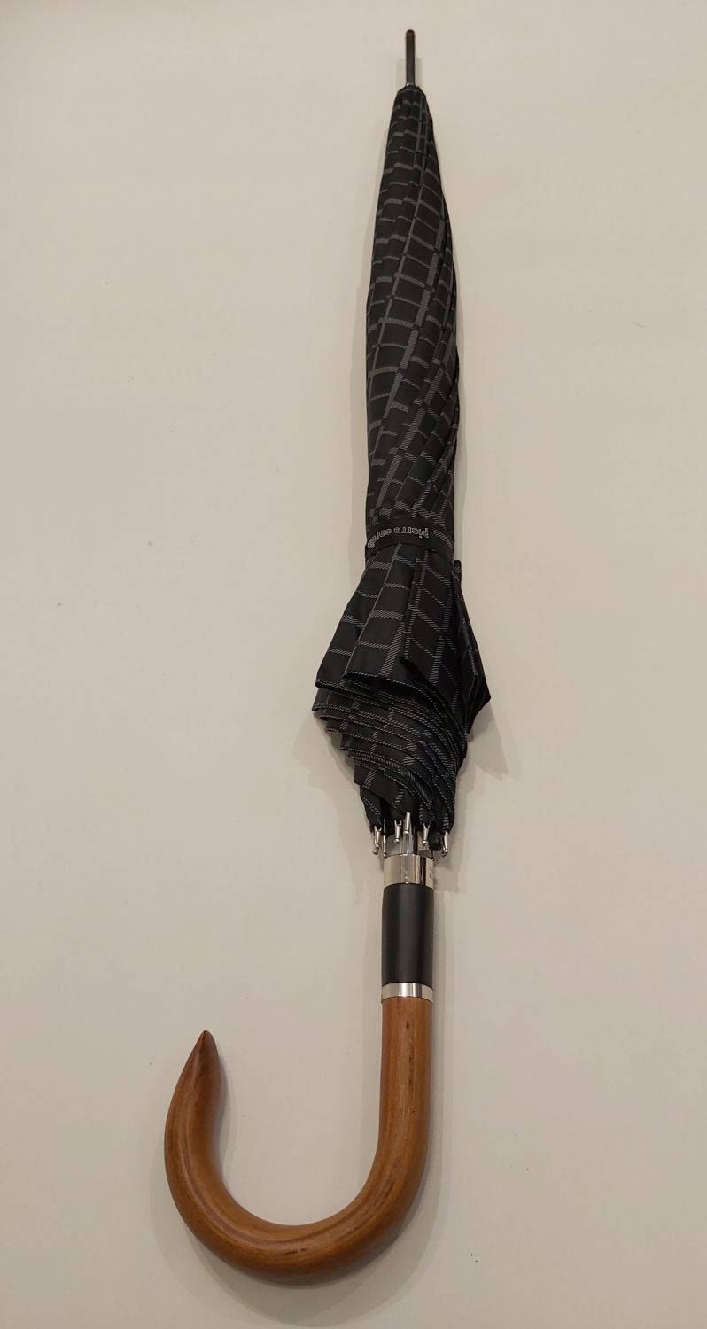 Parapluie homme long auto noir imprimé écossais pg courbe bois collection Figaro, XXL et résistant