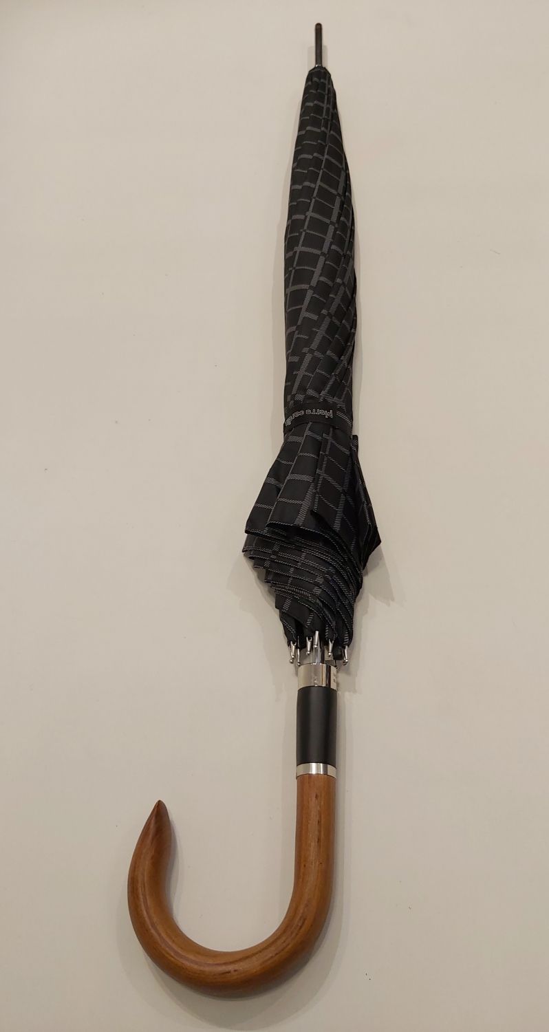 Parapluie homme long auto noir imprimé écossais pg courbe bois Figaro - Grand 10 branches &résistant