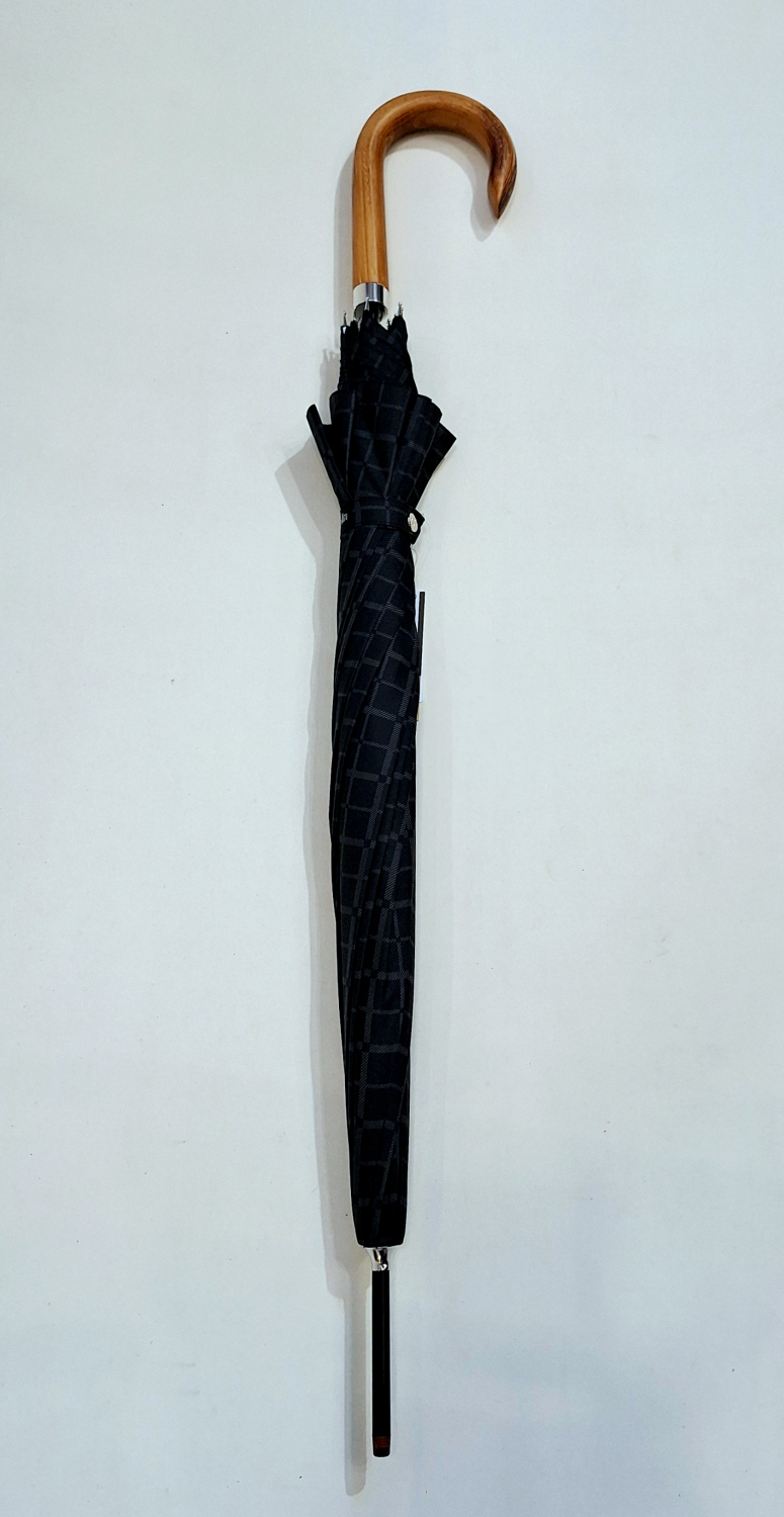 Parapluie homme long auto noir imprimé écossais pg courbe bois Figaro - Grand 10 branches &résistant
