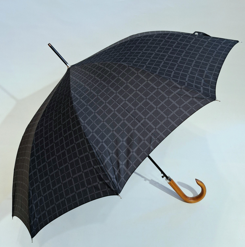 Parapluie homme long auto noir imprimé écossais pg courbe bois Figaro - Grand 10 branches &résistant