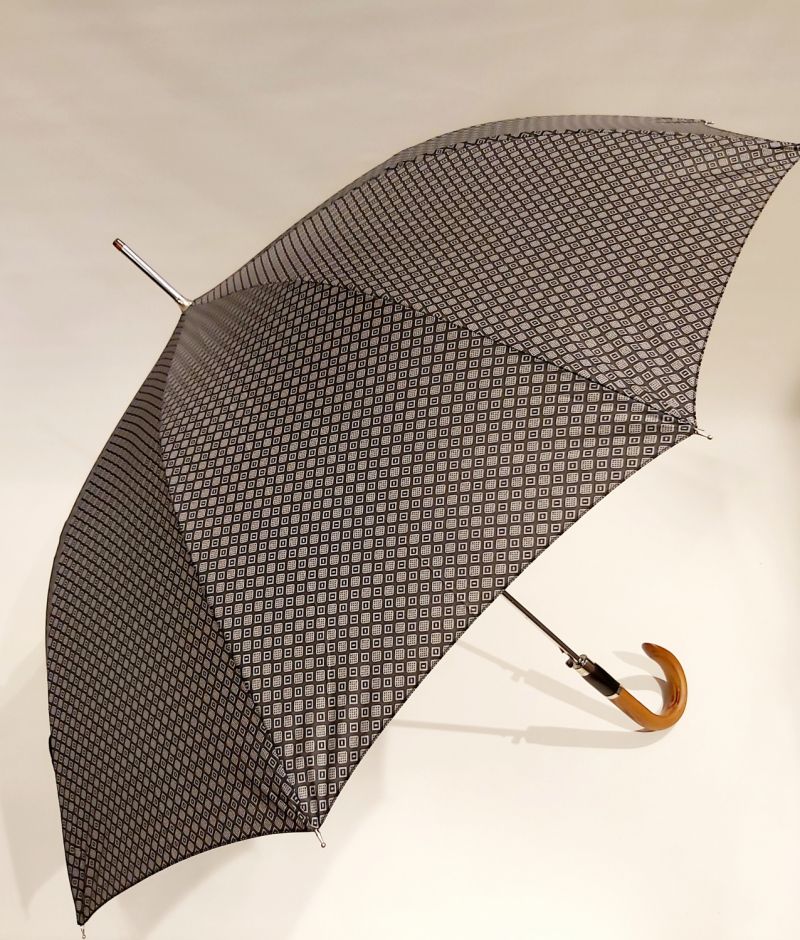 Parapluie homme long auto gris imprimé losange pg courbe bois collection Figaro, XXL et résistant