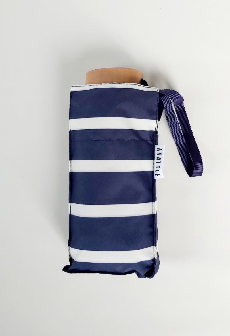  Parapluie mini pliant plat de poche rayé bleu marine et blanc, Pablo léger et solide 