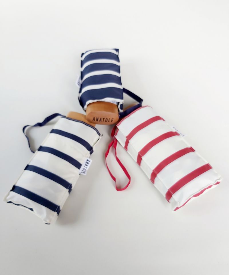  Parapluie mini pliant plat de poche Marinière rayures Basque 17 cm blanc et rose - Marcelle léger 220 g et solide 