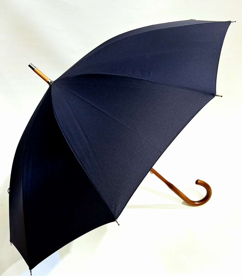 Parapluie canne d'une seule pièce en hêtre teinté uni bleu marine10 branches - résistant & français