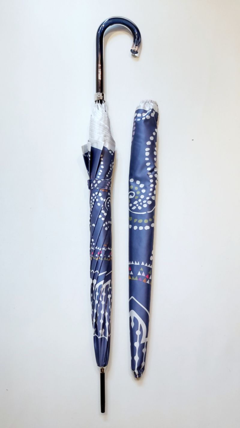 Parapluie long manuel bleu imprimé du rituel du HENNE Piganiol, léger, solide & élégant