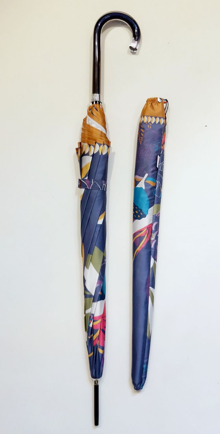 Parapluie long manuel anti uv bleu imprimé de terres orientales RIAD français, léger & solide