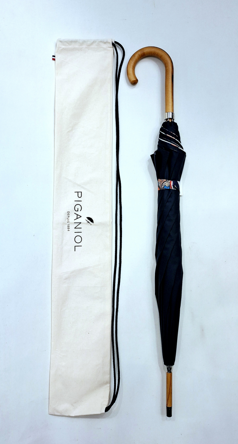 Parapluie long Piganiol en bois doublé anti uv 100% manuel bleu marine sur motif BATIK FAR WEST à l'intérieur - Original & résistant 
