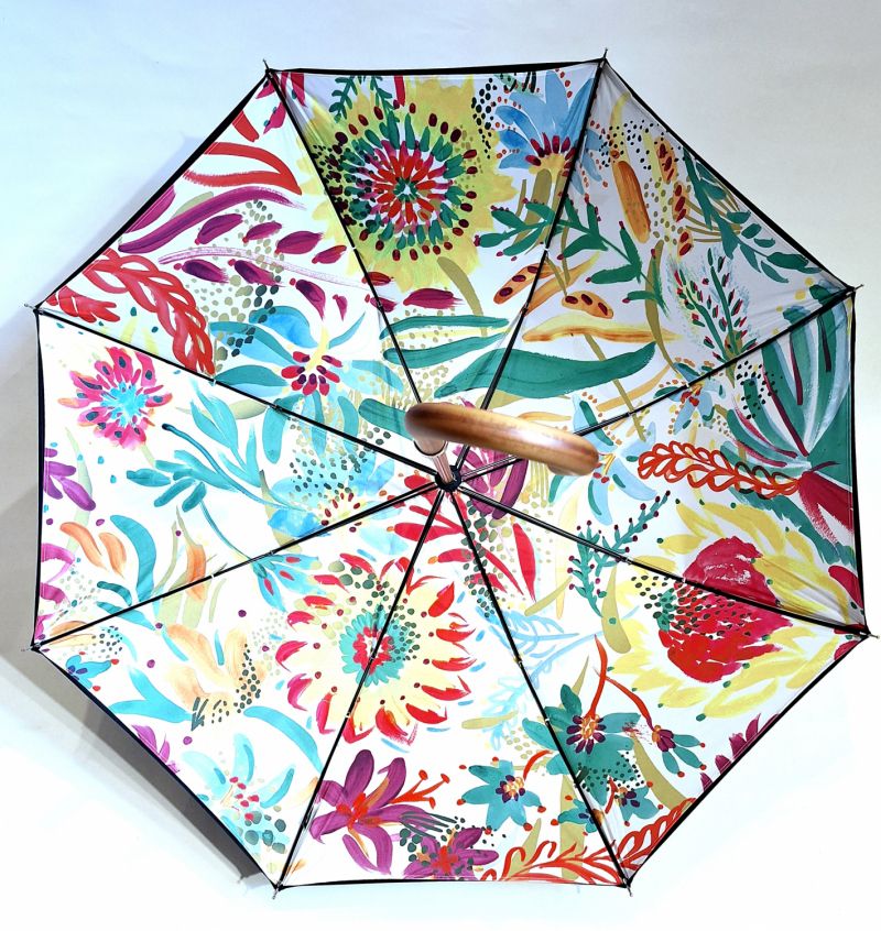 Parapluie long en bois doublé manuel bleu marine anti uv à 100% sur motif floral à l'intérieur Piganiol - Classique & résistant 