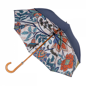 Parapluie long Piganiol en bois doublé anti uv 100% manuel bleu marine sur motif BATIK FAR WEST à l'intérieur - Original & résistant 