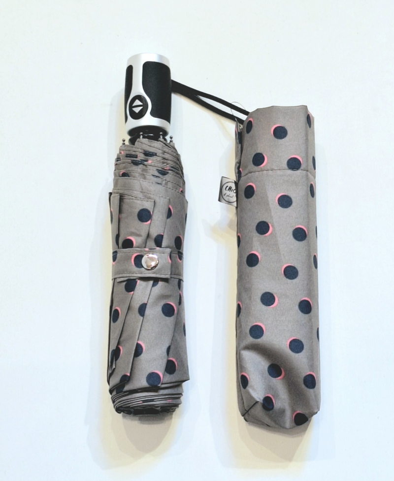 Parapluie pliant automatique taupe imprimé pois bleu Piganiol - Solide & pas cher