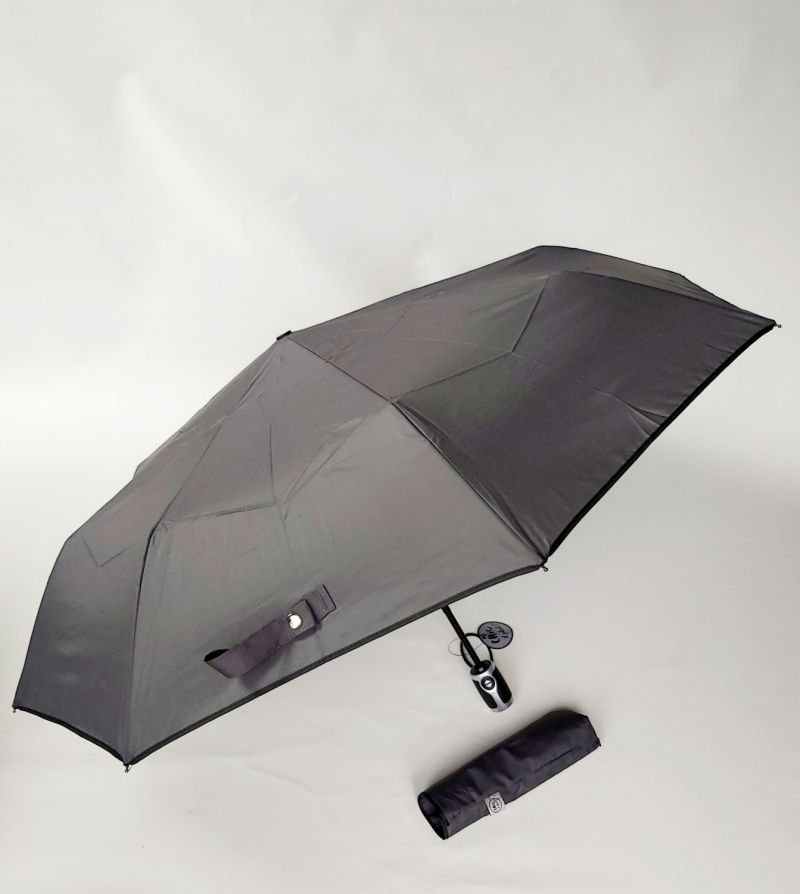 Parapluie pliant automatique grande taille gris anthracite biais noir  poignée droite