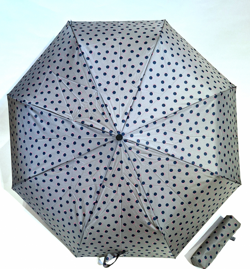Parapluie pliant automatique taupe imprimé pois bleu Piganiol - Solide & pas cher