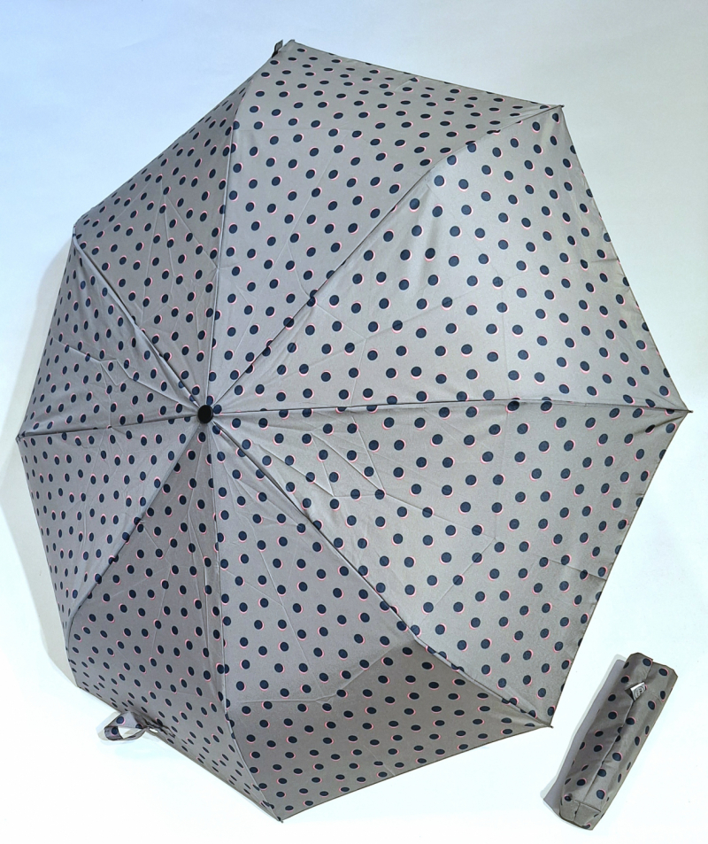 Parapluie pliant automatique taupe imprimé pois bleu Piganiol - Solide & pas cher