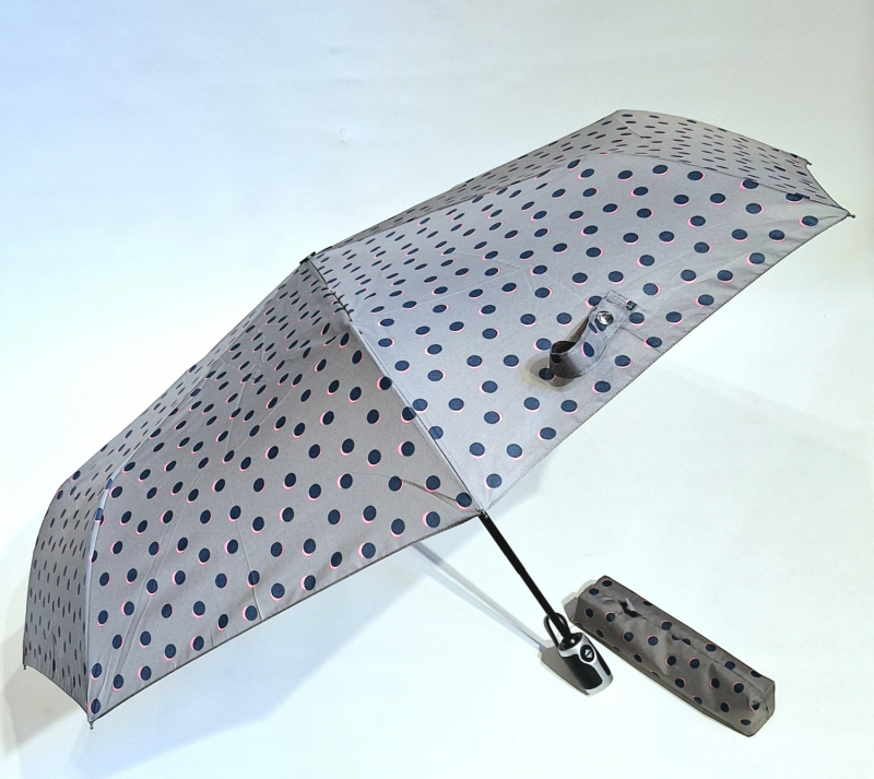 Parapluie pliant automatique taupe imprimé pois bleu Piganiol - Solide & pas cher