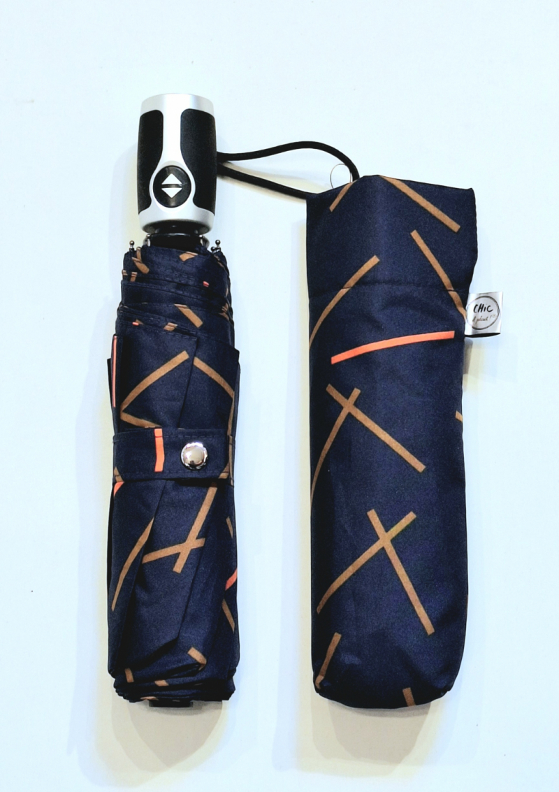 Mini parapluie pliant automatique bleu marine imprimé trait rouge Chic il pleut - Léger & solide