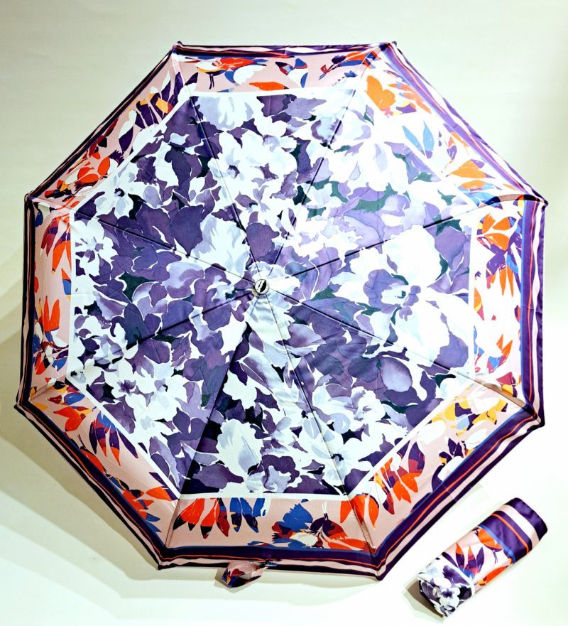 Mini parapluie français blanc & bleu imprimé de fleurs - Léger & solide - Anti uv à 97%