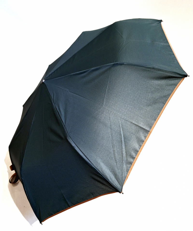 Mini parapluie pliant automatique uni kaki foncé biais marron d'Aurillac - léger et solide