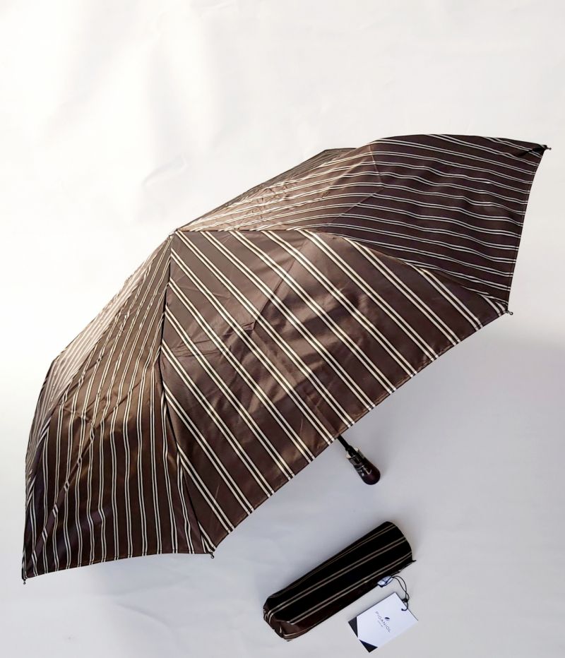 Mini parapluie d'homme pliant automatique marron imprimé rayé d'Aurillac, léger et solide