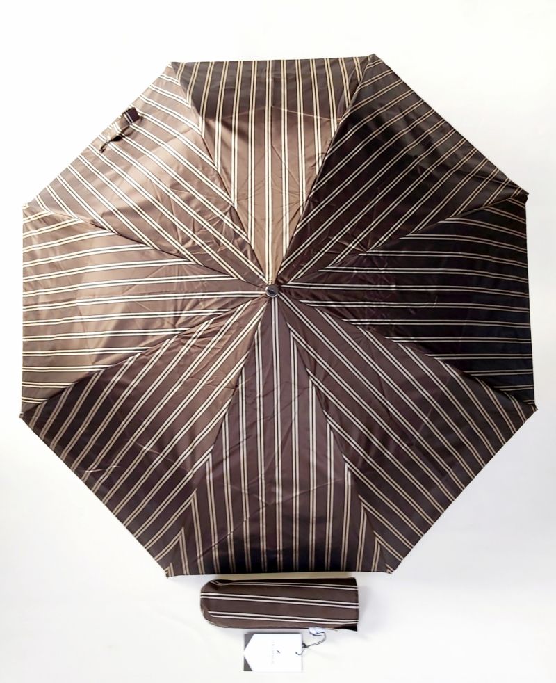 Mini parapluie d'homme pliant automatique marron imprimé rayé d'Aurillac, léger et solide